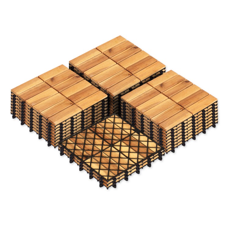 Acacia wood interlocking deck tiles in a natural finish, ideal for outdoor patios, balconies, and poolside areas.