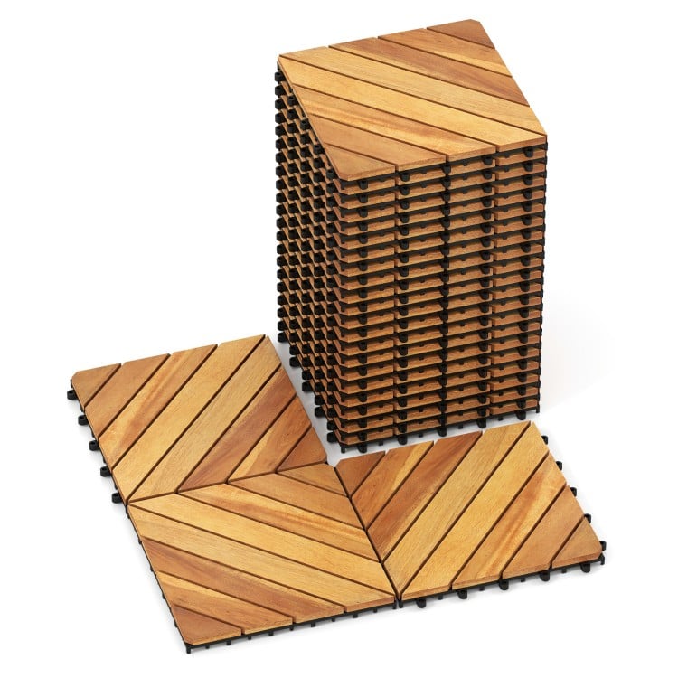 Acacia wood interlocking deck tiles in a stacked arrangement, ideal for outdoor patio and balcony use.