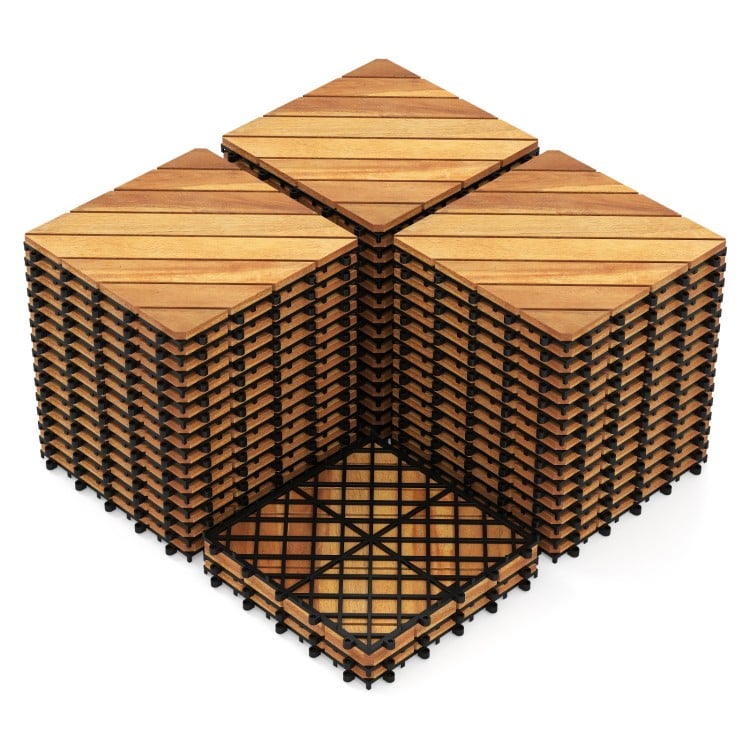 Acacia wood interlocking deck tiles stacked, featuring a waterproof design for easy outdoor and indoor use.