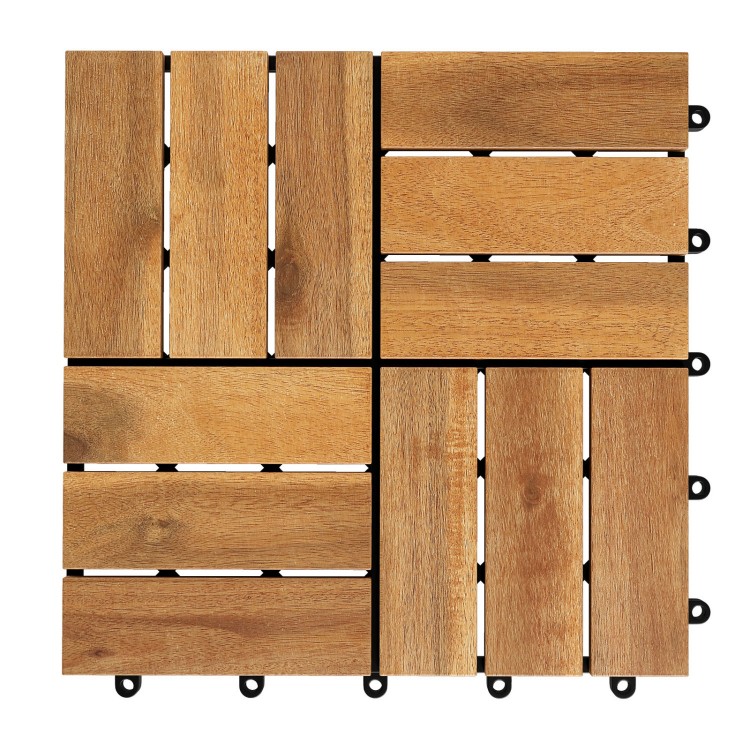 Acacia wood interlocking deck tiles in natural finish, 12 x 12 inches, waterproof design for outdoor flooring.