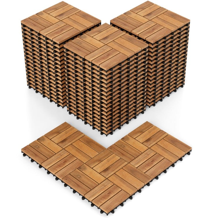 Acacia wood interlocking deck tiles in a stacked arrangement, waterproof design for outdoor flooring.