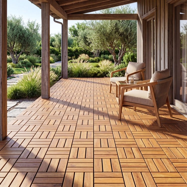 Acacia wood interlocking deck tiles arranged on a patio, showcasing a waterproof design for outdoor use.