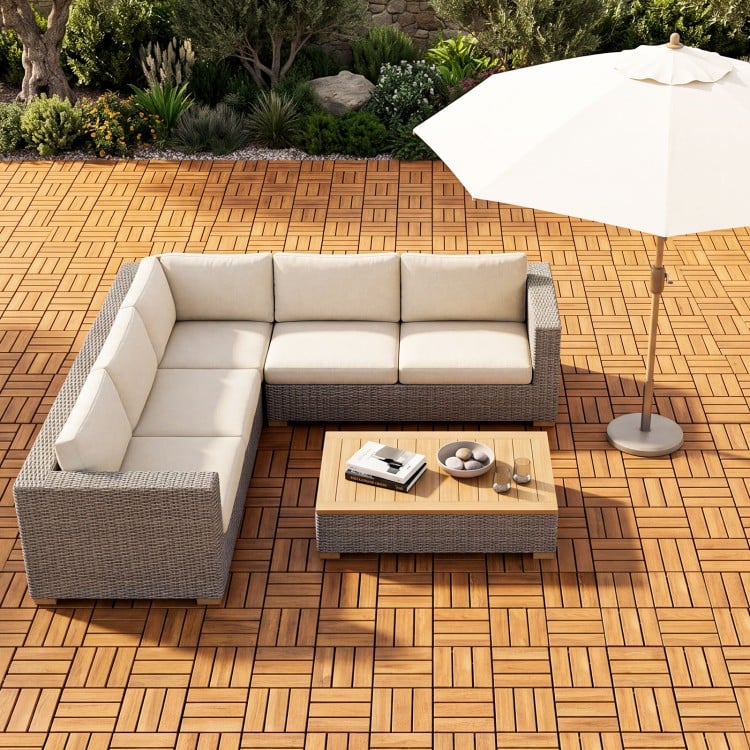 Acacia wood interlocking deck tiles in natural finish, showcasing waterproof design for outdoor flooring.