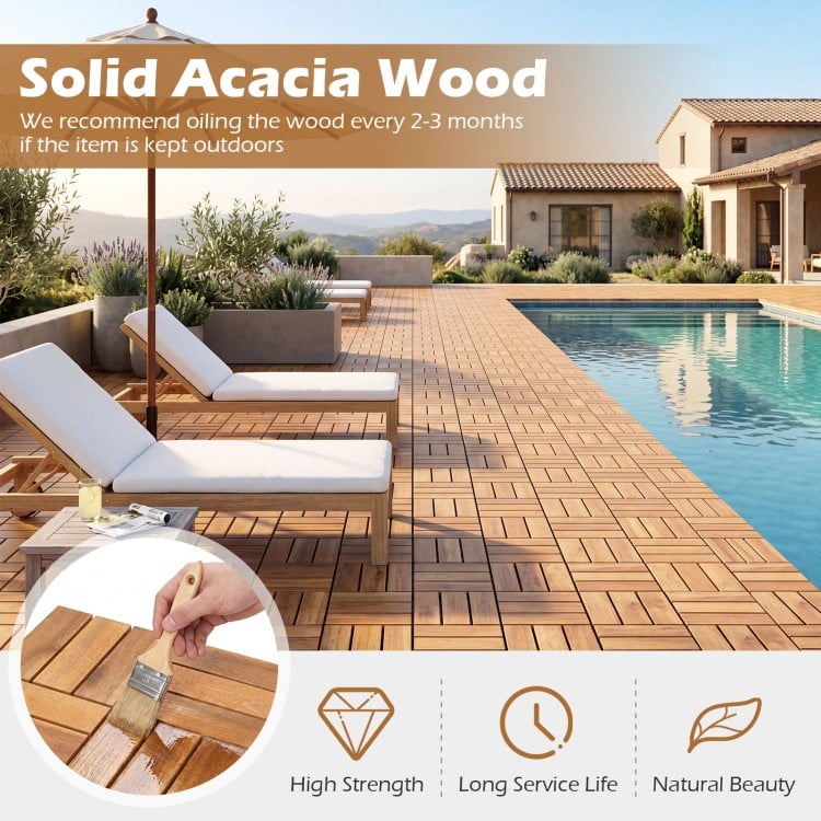 Acacia wood interlocking deck tiles, 12x12 inch, showcasing a waterproof design for outdoor patios and decks.
