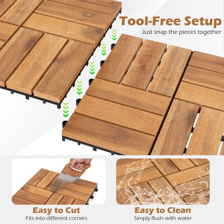 Acacia wood interlocking deck tiles, 12 x 12 inch, waterproof design, easy to cut and clean for outdoor spaces.