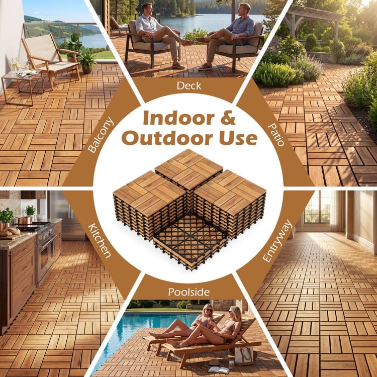 Acacia wood interlocking deck tiles, 12 x 12 inches, suitable for indoor and outdoor use in various settings.
