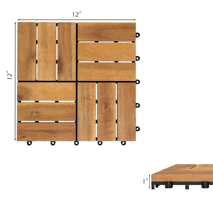 Acacia wood interlocking deck tiles, 12x12 inches, waterproof design, showcasing a side view and dimensions.