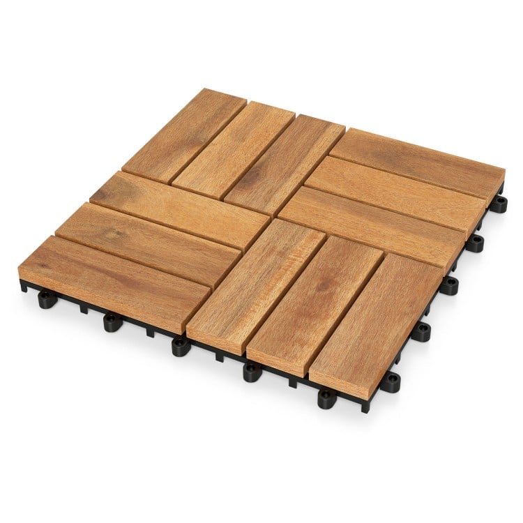 Acacia wood interlocking deck tiles, 12 x 12 inch, waterproof design, ideal for outdoor flooring.