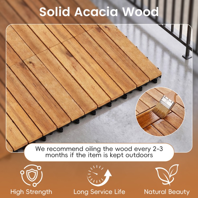 Solid acacia wood interlocking deck tiles, 12 x 12 inch, ideal for outdoor patios and balconies with natural beauty.