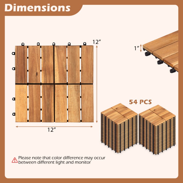 Acacia wood interlocking deck tiles, 12 x 12 inches, designed for easy setup and suitable for outdoor and indoor use.