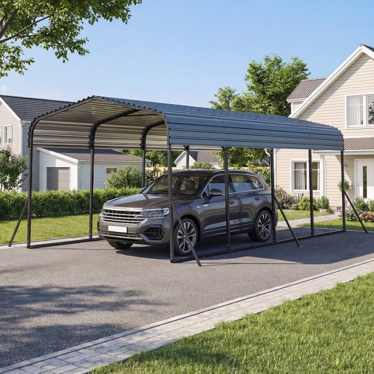 Heavy-duty 12 x 20 feet galvanized steel carport in black, providing all-weather protection for vehicles and outdoor.