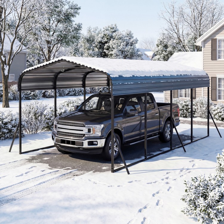 Heavy-duty black carport shelter with galvanized steel frame, providing all-weather protection for trucks and boats.