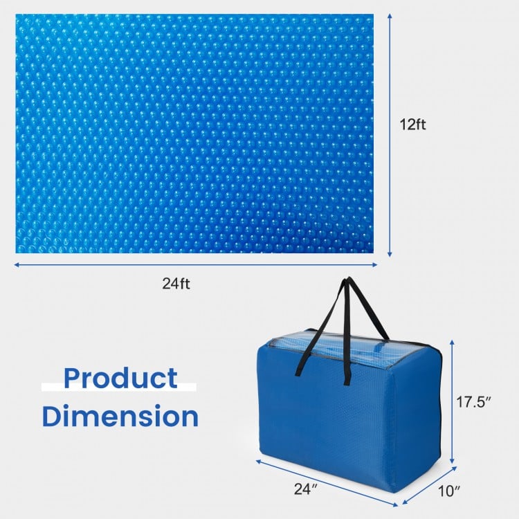 Rectangle swimming pool cover measuring 12 x 24 feet, 12-mil thick, with carrying bag for easy storage and transport.