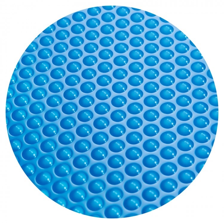 Close-up of the blue bubble design pool cover made from durable PE material, ideal for 12ft above ground pools.