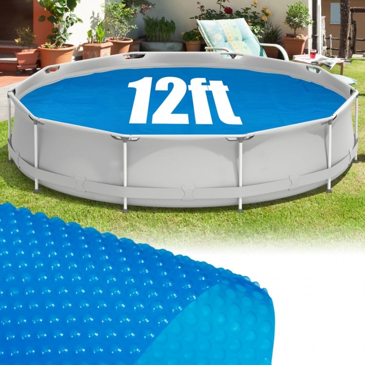 12ft round above ground swimming pool with a blue bubble cover, designed to retain heat and reduce debris.