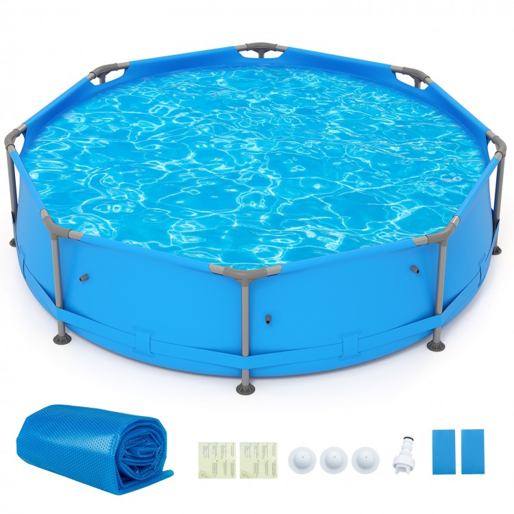 12ft round above ground swimming pool with a blue PE cover, designed to retain heat and reduce debris contamination.