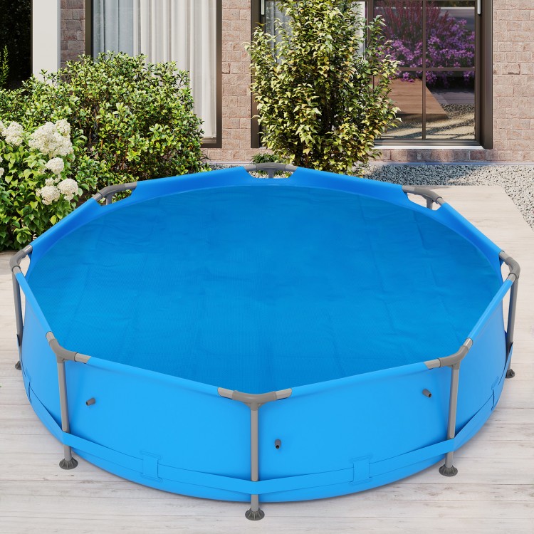 12ft round above ground swimming pool with a blue cover, made of durable PE material, ideal for outdoor use.