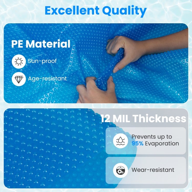 Close-up of a 12 MIL thick blue PE pool cover, designed to prevent evaporation and retain solar heat for above-ground.