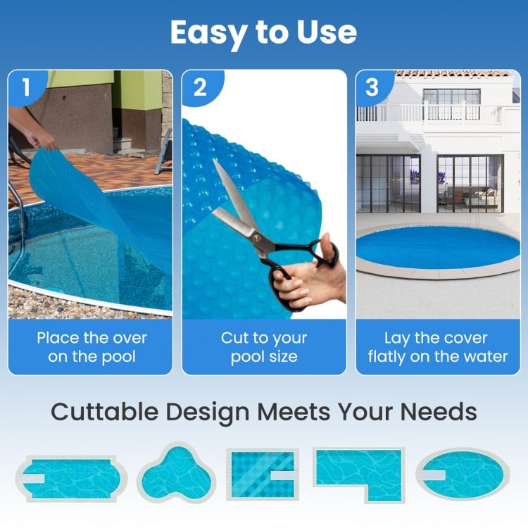 Round 12ft pool cover made of durable PE material, designed to fit various pool shapes while retaining solar heat.