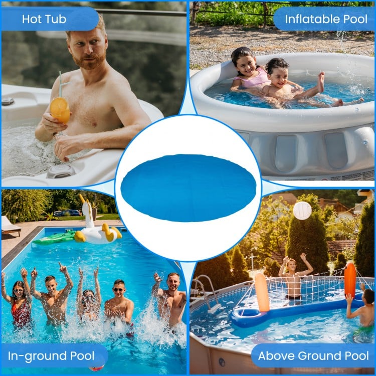 Round 12ft x 30in above ground swimming pool with a PE cover, designed to retain heat and reduce debris contamination.