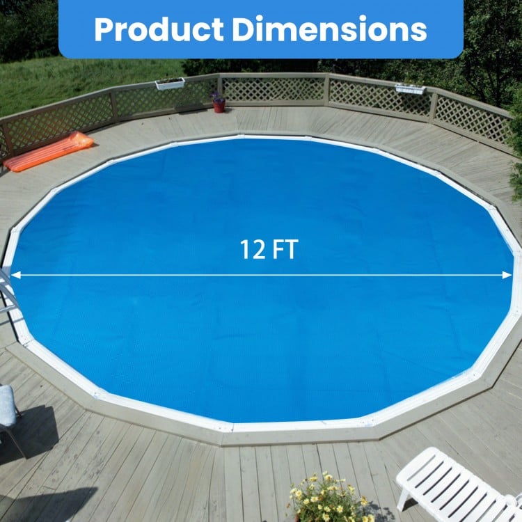 12 ft round pool cover displayed on a wooden deck, designed to prevent debris and retain solar heat for above-ground.