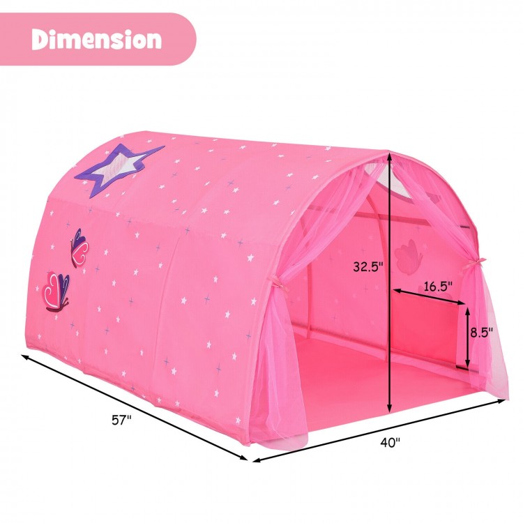 Pink kids play tent with star design, measuring 57"x40"x32.5", featuring mesh windows and storage pockets for indoor.