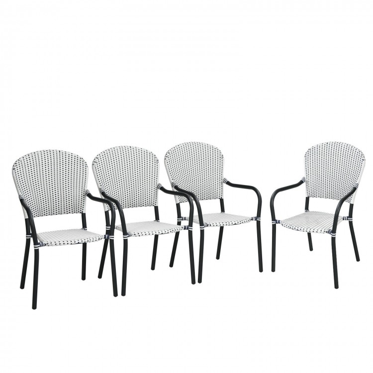 Single stackable patio dining chair in white rattan with armrests, designed for outdoor comfort and space-saving.
