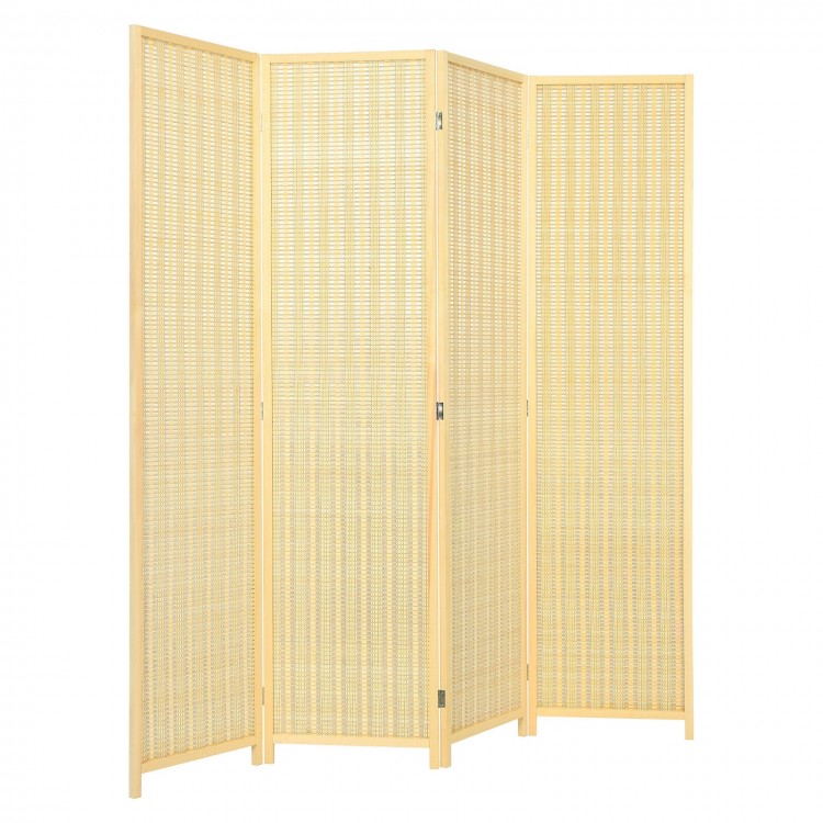 Natural 6 ft 4 panel folding room divider screen showcasing a sturdy frame and tightly woven design for versatile.