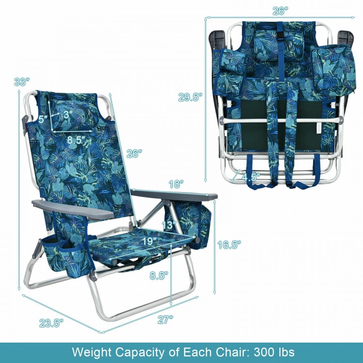 4-pack of navy outdoor folding beach chairs with 5-position adjustable backrest, waterproof PVC, and aluminum frame.