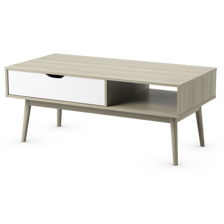 Gray coffee cocktail accent table with drawer and open shelves, perfect for stylish living room storage and.