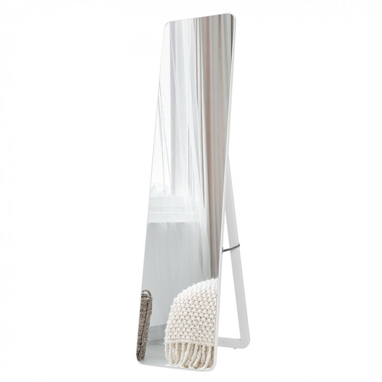 Full-length frameless floor mirror with a sturdy U-shaped bracket, ideal for bedrooms and dressing rooms.