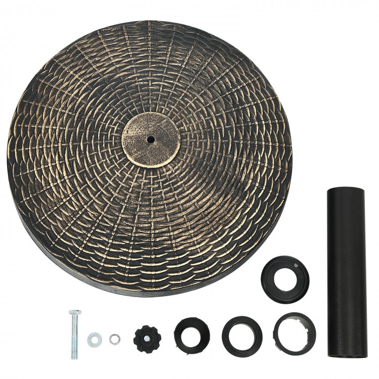 27 lbs patio market umbrella base stand with rattan design, durable resin, and anti-rust steel tube for stability.