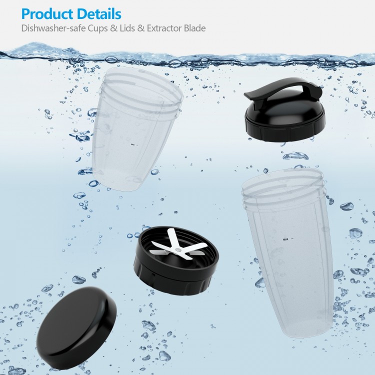 Portable blender components including Tritan cups, lids, and extractor blade, designed for safe and efficient blending.