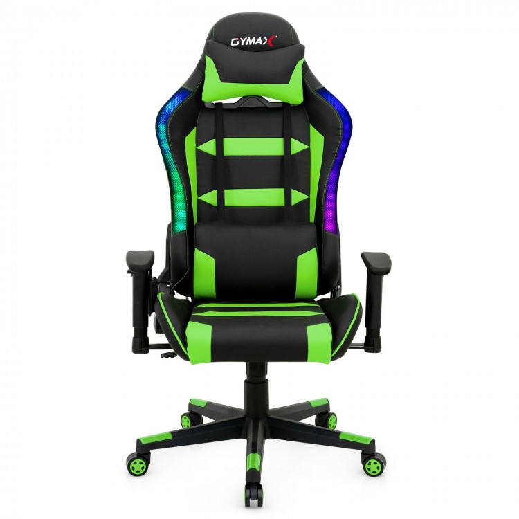 Adjustable swivel gaming chair in green with RGB LED lights, ergonomic design, and removable headrest for ultimate.