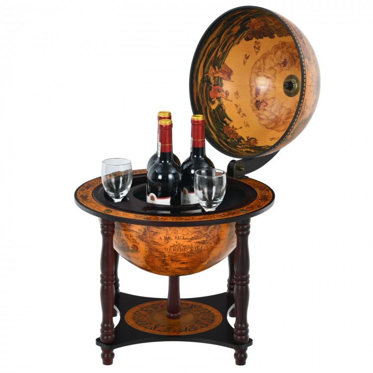 Globe wine bar stand with brown finish, holds 3 bottles and glasses, perfect for dining or living room storage.