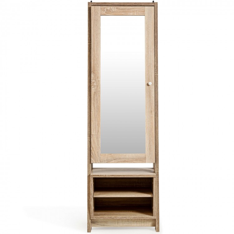 Freestanding 2-in-1 wooden cosmetics storage cabinet with full-length mirror and adjustable bottom rack for jewelry.