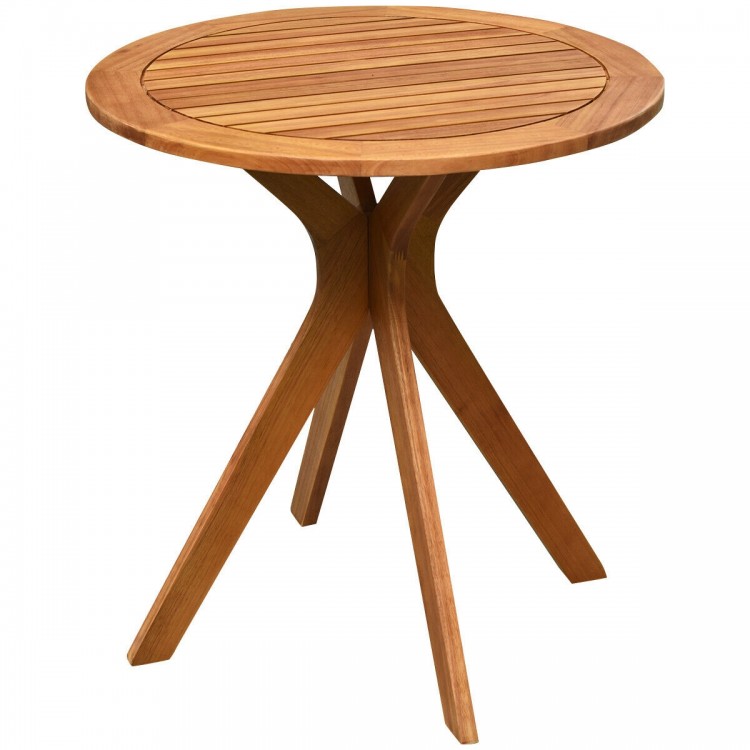 27-inch round bistro table crafted from solid eucalyptus wood, featuring an elegant teak color, ideal for stylish.