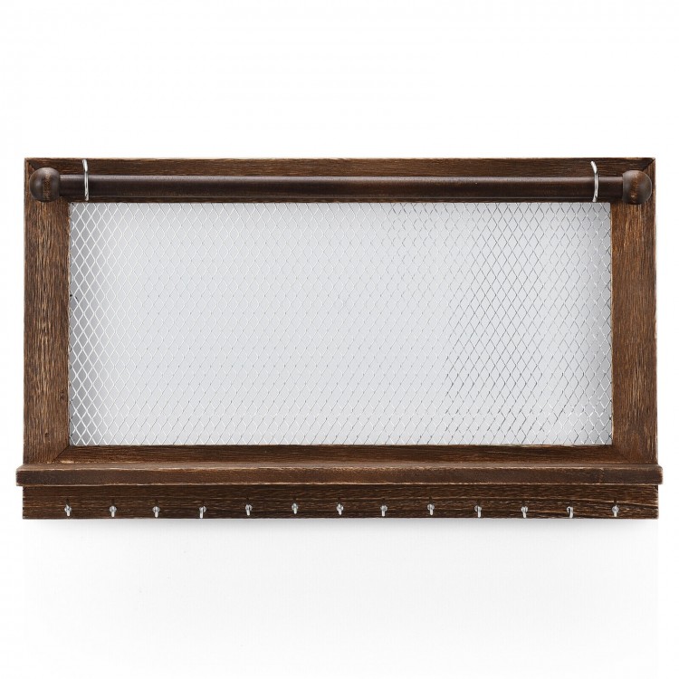 Wall mounted jewelry rack made of pine wood with metal hooks and iron mesh, perfect for organizing necklaces and.