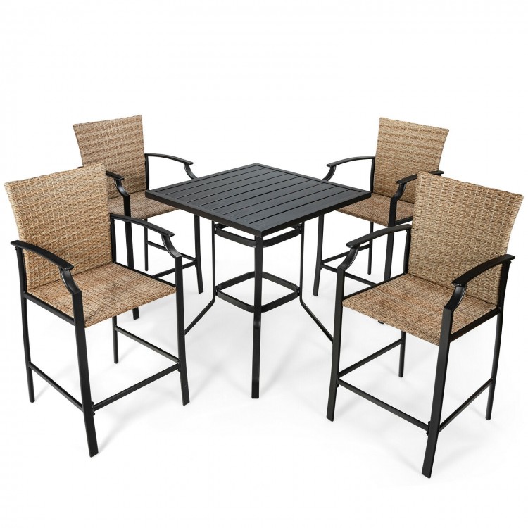 5-piece outdoor rattan bistro set with 4 bar stools and a square table, featuring weather-resistant PE rattan and.