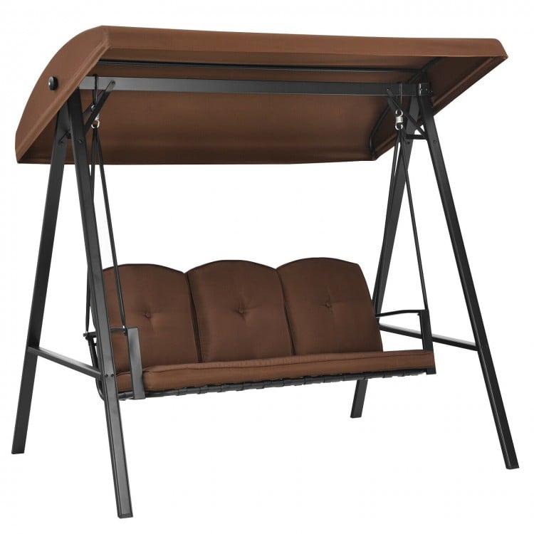 Outdoor 3-seat porch swing with adjustable canopy and removable cushions in coffee color, perfect for backyard.