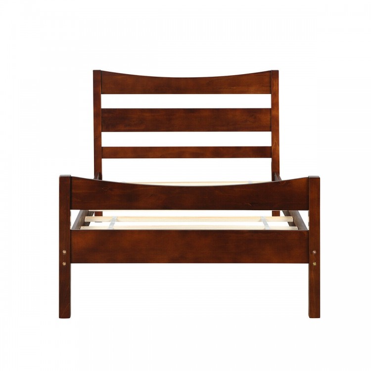 Twin size platform bed frame in walnut with slatted support, ideal for space-saving and stylish bedroom decor.