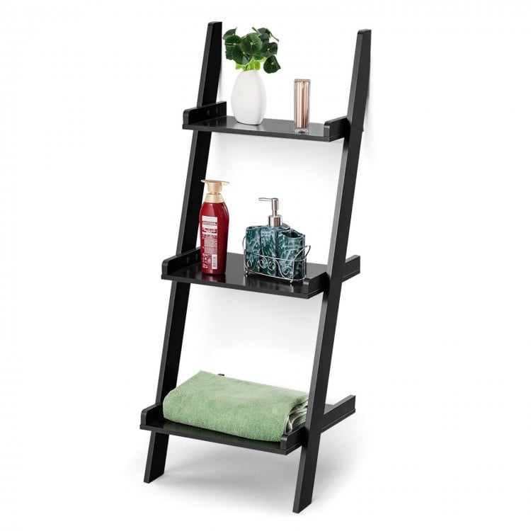 3.7 Feet 3-Tier Wooden Leaning Rack Wall Book Shelf Ladder - Gallery View 7 of 11