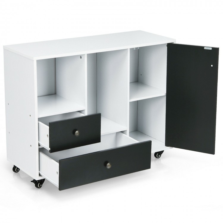 Lateral mobile filing cabinet in black and white with 2 drawers, 2 shelves, and rolling casters for versatile storage.