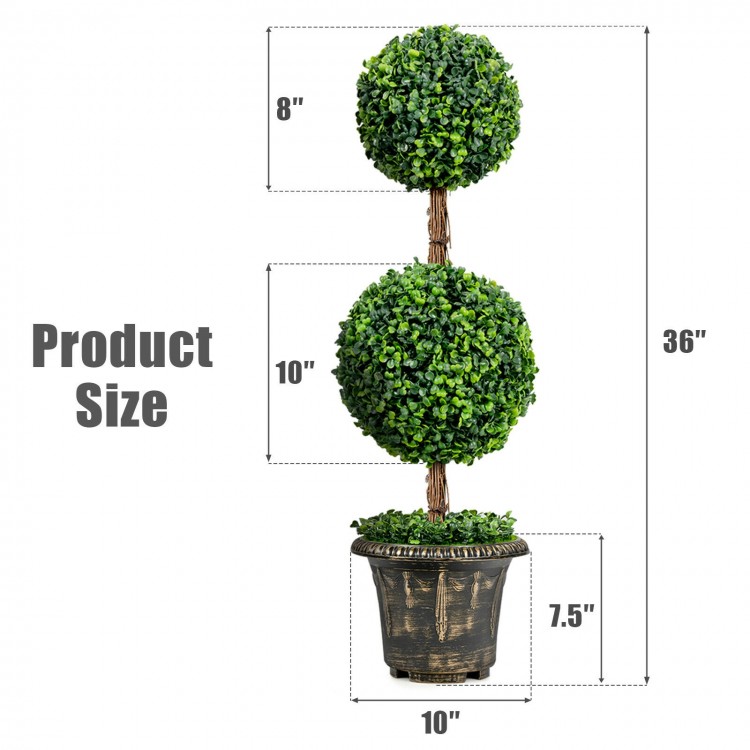 Artificial double ball tree, 36 inches tall with UV protection, ideal for indoor and outdoor decor, featuring a stable.