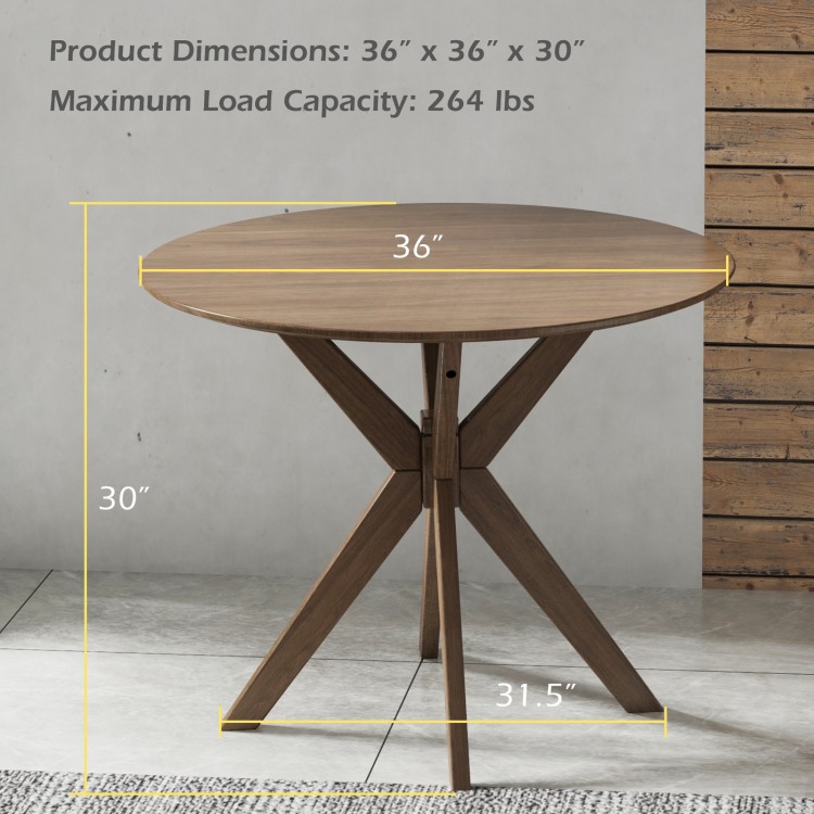 Round wood dining table with intersecting pedestal base, 36-inch diameter, sturdy design, ideal for home or café use.