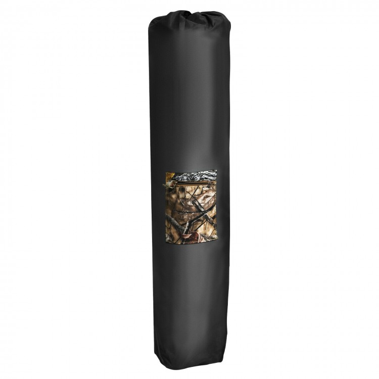 Portable hunting blind bag featuring real wood camouflage design, ideal for 3-person concealment and easy transport.