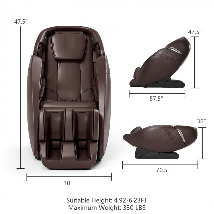 Electric zero gravity massage chair in brown with dimensions 30" x 47.5" x 70.5", suitable for heights 4.92-6.23FT.