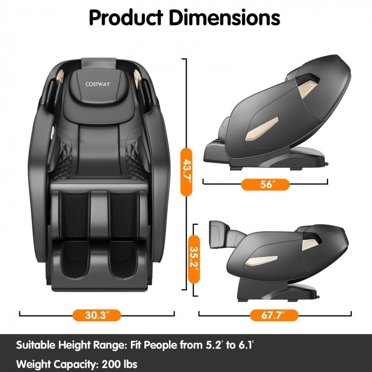 Product dimensions of the Relaxation 02 Full Body Zero Gravity Massage Chair, showcasing height and weight.