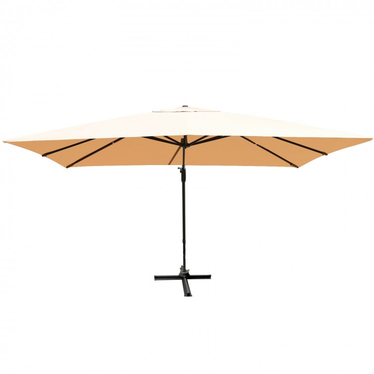 Beige cantilever umbrella measuring 10 x 13 feet with a sturdy aluminum frame, perfect for versatile outdoor shading.