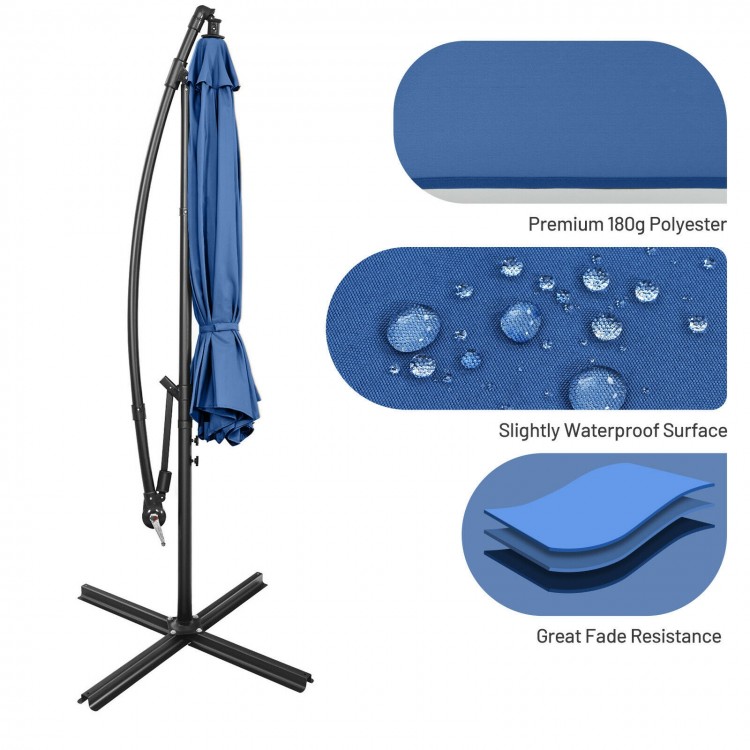 10FT blue offset umbrella with 8 iron ribs, premium waterproof polyester, and tilt adjustment for versatile shade.